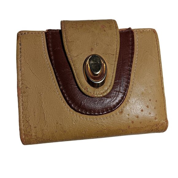 Vintage Leather Clutch ID Coin Wallet 1970s 4x3 Patina Crackled Brown/Tan 2 Tone - Picture 1 of 8